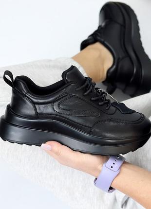 Черные женские кроссовки на высокой подошве утолщенной из натуральной кожи3 фото