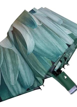 Жіноча парасоля напівавтомат з принтом квітки від toprain на 9 спиць, зелена ручка, 0703-44 фото