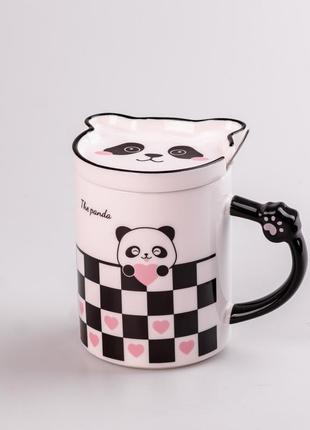 Чашка керамічна the panda 350мл з блюдцем та ложкою кухоль із блюдцем і ложкою клітка1 фото