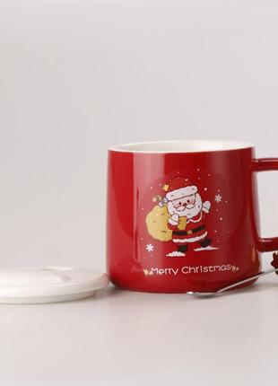Керамічна чашка 400 мл merry christmas з кришкою і ложкою червоний2 фото