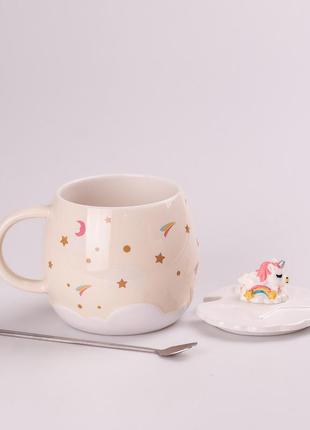 Чашка керамическая rainbow ceramic mug 400ml с крышкой и ложкой кружка для чая с крышкой бежевый3 фото
