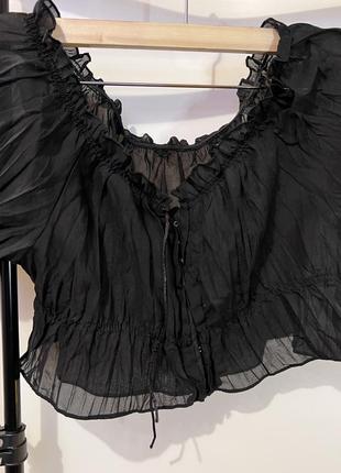 Блуза коротка вечірня топ сітка чорна прозора розмір xs-s відкриті плечі корсет жіноча блуза1 фото