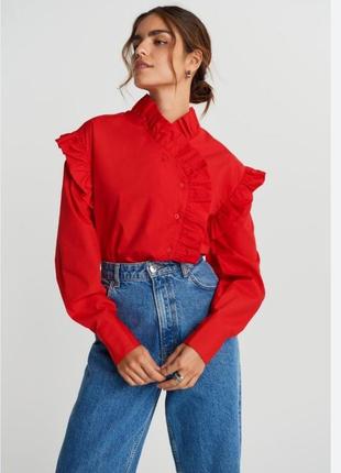 Красная нарядная рубашка блуза блузка с рюшами zara