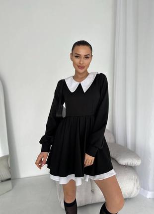 Чорна сукня міні з білим комірцем, плаття з під'юбником та коміром1 фото