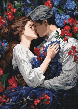 Премиум картина по номерам 40х50 на деревянном подрамнике "поцелуй в цветущем саду" pbs538971 фото