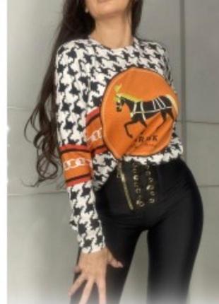 Джемпер, в гусячу лапку, принт кінь 2