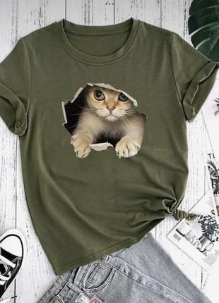 Стильная футболка с 3d-накатом котенка хаки2 фото
