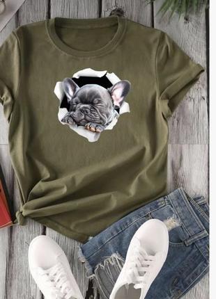 Стильна футболка з 3d-накатом собачка хакі2 фото