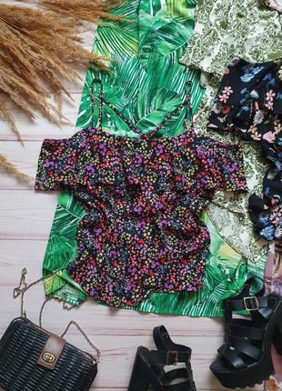 Цветочная шифоновая летняя блуза майка на тонких бретелях с рюшей