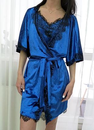 Mito 308 мраморный велюр комплект домашняя одежда халат и сорочка синий электрик7 фото
