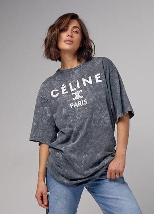 Подовжена футболка в техніці тай-дай з написом celine paris — темно-сірий колір, m (є розміри)