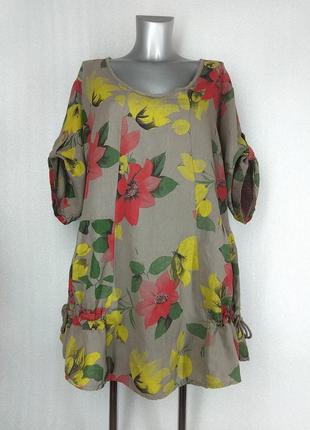 Льняная туника италия в цветы из льна платье четвертной рукав серая красная желтая зеленая лен цветочная