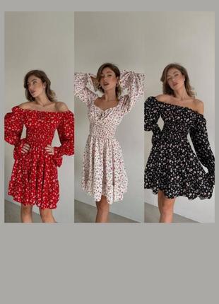Платье в цветочек короткое мини с открытыми плечами с рукавами фонариками корсетная талия резинка красное чёрное белое ретро винтаж ткань софт10 фото