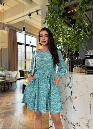 Платье мини талия на резинке под поясок вырез лодочка рукав пышный на резинке юбка клеш ткань софт