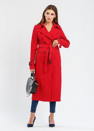 Шикарный женский красный длинный коттоновый плащ тренч