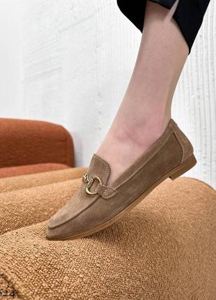 Бежевые моко коричневые женские лоферы туфли мокасины из натуральной замши