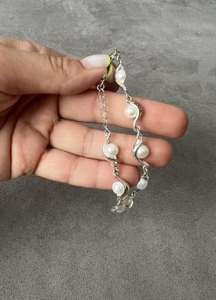 Набор серьги и браслет под серебро, набор с жемчугом3 фото