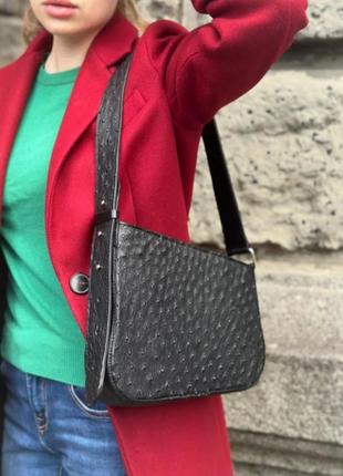 Сумка женская средняя натуральная страусиная кожа, черная 1619