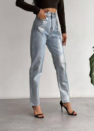 Женские джинсы мом с напылением, серебристые, на высокой посадке, блестящие, прямые, классические трубы, деним, туречевина3 фото