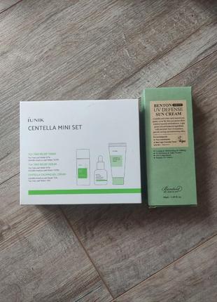 Успокаивающий набор миниатюр iunik centella mini set и солнцезащитный крем с центеллой benton air fit uv defense sun cream spf50+/pa++++