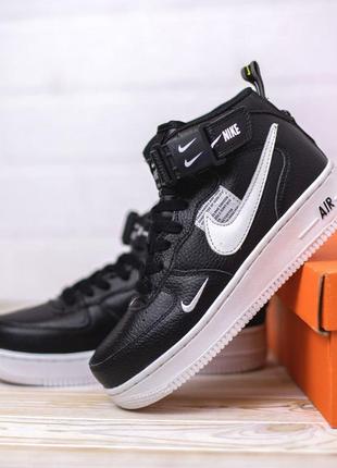 Распродажа! nike air force 1 mid кроссовки женские черные с белым кожаные кожа топ качество высокие весенние демисезонные осенние на липучке найк форс8 фото