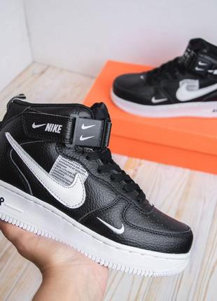 Розпродаж! nike air force 1 mid кросівки кеди жіночі чорні з білим шкіряні шкіра топ якість високі весняні демісезонні осінні на липучці найк форс