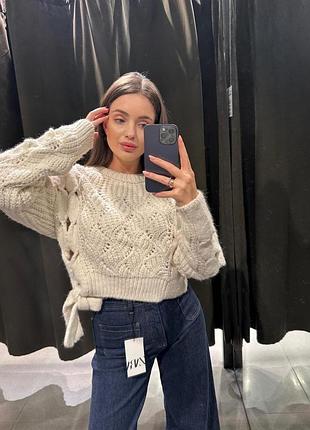 Светр кофта в'язаний ажурний плетіння вкорочений xs s m zara 3859/110