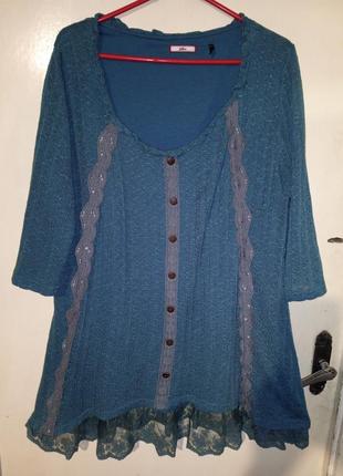 Жіночна,трикотажна блуза-туніка-трапеція з мереживом,бохо,мега батал,joe browns1 фото