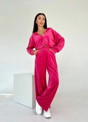 Велюровый розовый костюм 💕 стильный костюм двойка 💕 прямые брюки и укороченная кофта на застежке 💕 спортивный костюм 💕7 фото