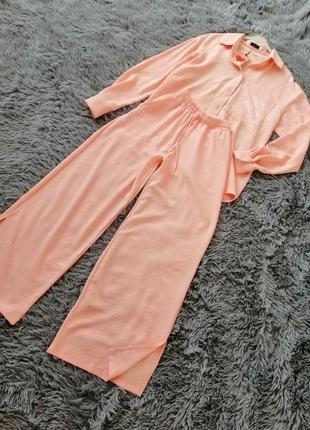 Літній костюм жниварка довгі широкі штани палатся з розрізами сорочка оверсайз з накладною кишенею р1 фото