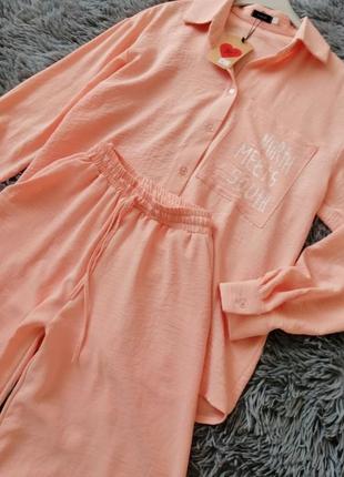 Літній костюм жниварка довгі широкі штани палатся з розрізами сорочка оверсайз з накладною кишенею р2 фото