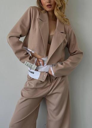 Топовый оригинальный комплект тройка😍 женский стильный костюм укороченный пиджак + широкие брюки палаццо + шорты2 фото