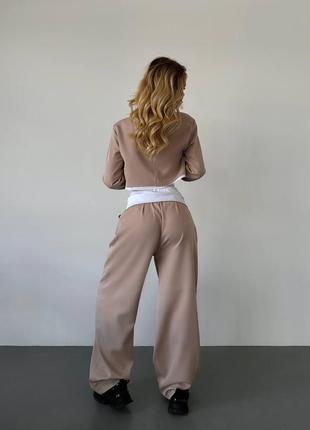 Топовый оригинальный комплект тройка😍 женский стильный костюм укороченный пиджак + широкие брюки палаццо + шорты4 фото