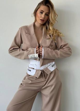 Топовый оригинальный комплект тройка😍 женский стильный костюм укороченный пиджак + широкие брюки палаццо + шорты5 фото