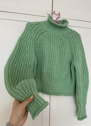 Вязаный теплый свитер ейчендем, свитерок крупная вязка, с горловиной, водолазка, джемпер укороченый, свободный крой