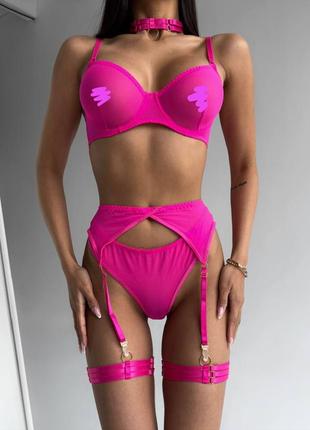 Красивый комплект нижнего белья 5в1 фуксия эротическое белье сетка бюстгальтер трусики пояс гартеры чокер