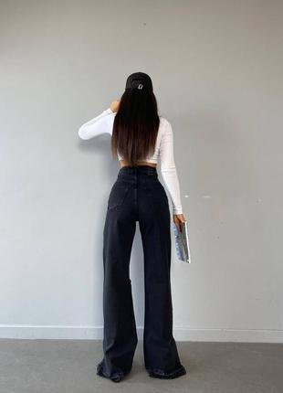 Жіночі джинси палаццо високій посадці, чорні, рвані, прямі труби класичні бойфренд широкі вільні  з розрізами3 фото