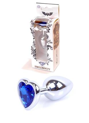 Металлическая анальная пробка с кристаллом jewellery silver heart plug blue, размер s, 7,5х2,8 см.