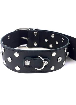 Ошейник из натуральной кожи с заклепками и стразами art of sex - jenna collar, черный