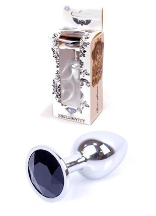 Металлическая анальная пробка с кристаллом jewellery silver plug black, размер s, 7,5х2,8 см.