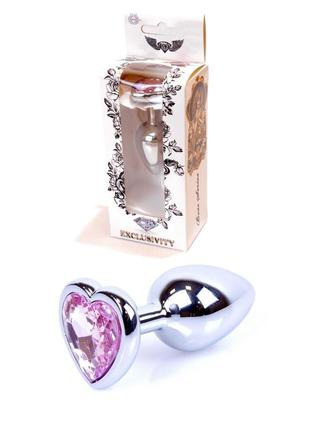 Металлическая анальная пробка с кристаллом jewellery silver heart plug rose, размер s, 7,5х2,8 см.