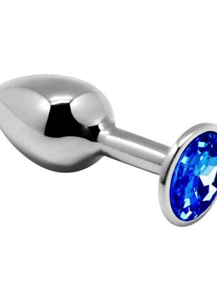 Металева анальна пробка із кристалом alive mini metal butt plug blue, розмір l, 9х4 см.