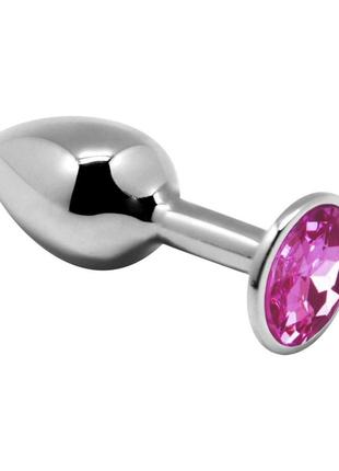 Металевий анальний затор з кристалом alive mini metal butt plug pink, розмір l, 9х4 см.