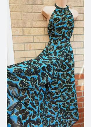 Сарафан платье макси длинное с вырезом халтер в тропический принт летнее шифоновое шифон листья7 фото
