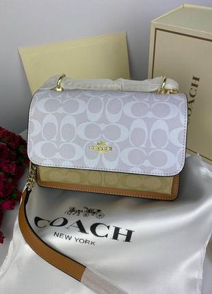 Ділова жіноча сумочка coach mini white/brown коач женская сумка мини