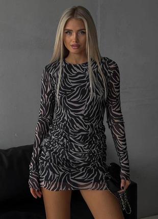 Стильное платье мини 2в1 сетка принт зебра с драпировкой деми1 фото