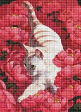 Алмазна мозаїка котик у півоніях ©kira corporal 40*50 см amo7258