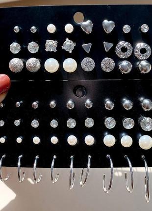 Набор стильных сережек с жемчугом и цирконием (32 пары), серьги-кольца, серьги-гвоздики, подарок для девушек2 фото