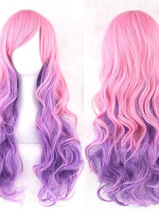 Длинный парик resteq -70 см, розово-фиолетовый, волнистые волосы с косой челкой, косплей, аниме
