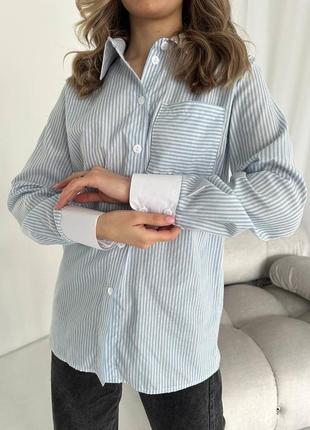 Рубашка женская с длинным рукавом в полоску 42-48 розовая, синяя, голубая6 фото